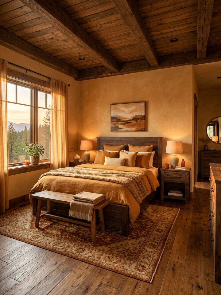 Amber and wood bedroom - 30 sunset inspired bedroom color ideas
