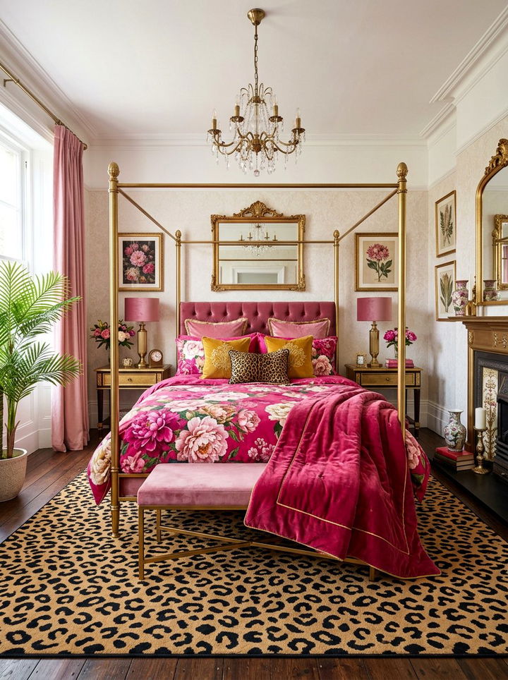 Animal Print Rug Floral Bedding - 30 bedroom pattern mixing ideas