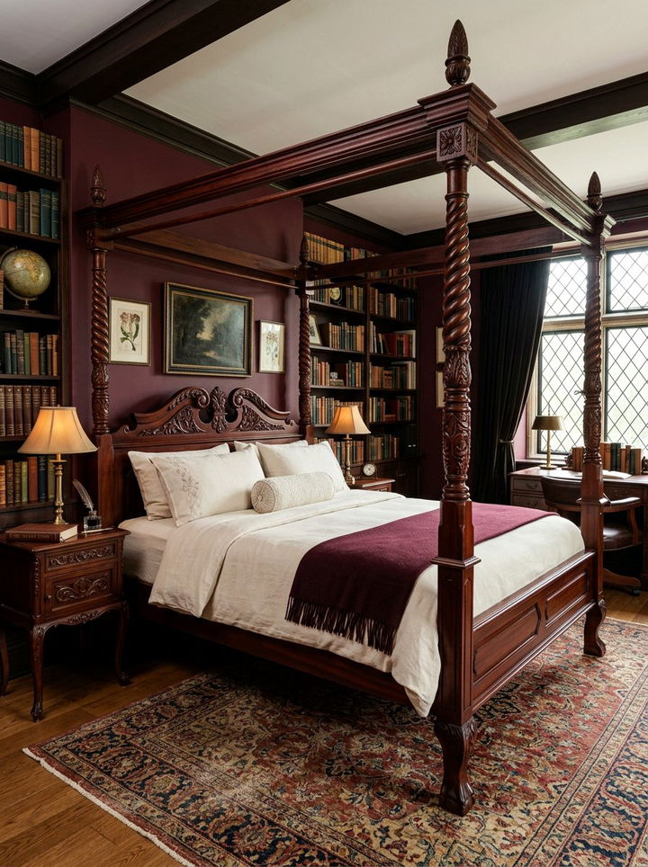 Antique Mahogany Bed Frame - 30 dark academia bedroom ideas