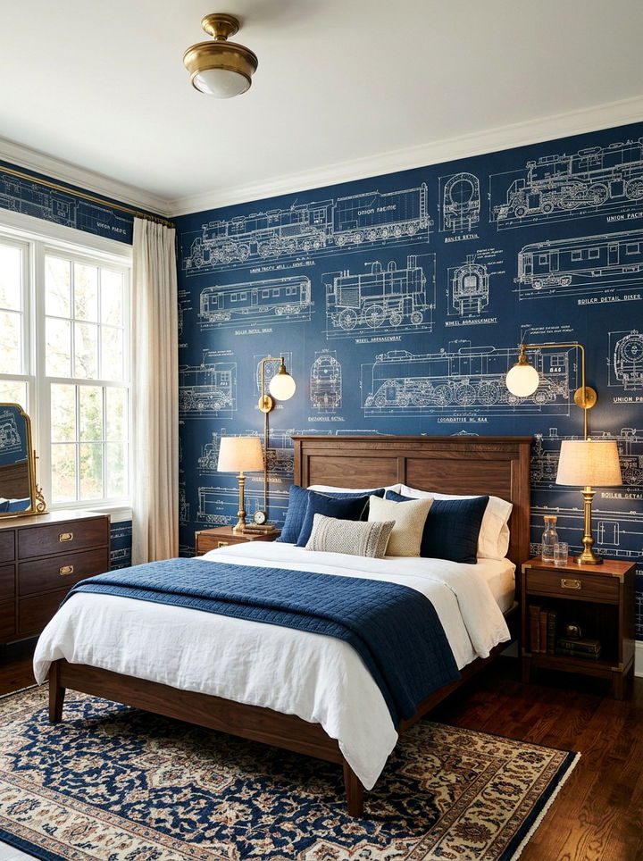 Antique Train Blueprint Wallpaper - 30 train bedroom ideas