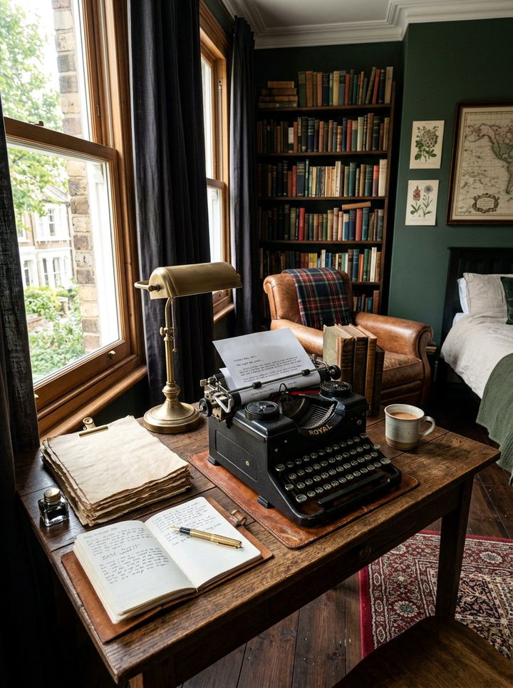 Antique Typewriter Desk Setup - 30 dark academia bedroom ideas