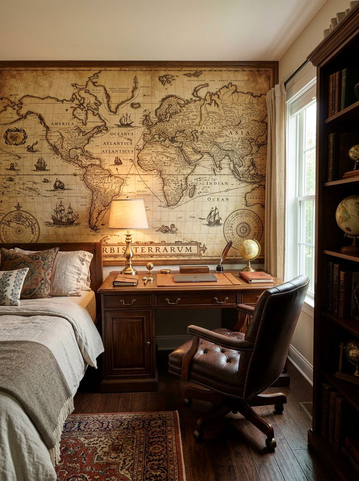 Antique World Map Decor - 30 British colonial bedroom ideas