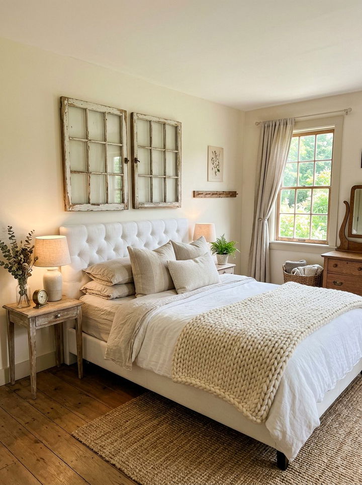 Antique window frame decor - 30 rustic white bedroom ideas