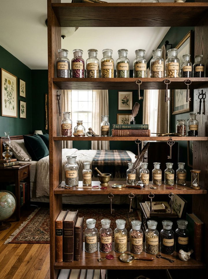 Apothecary Jar Shelf Decor - 30 dark academia bedroom ideas