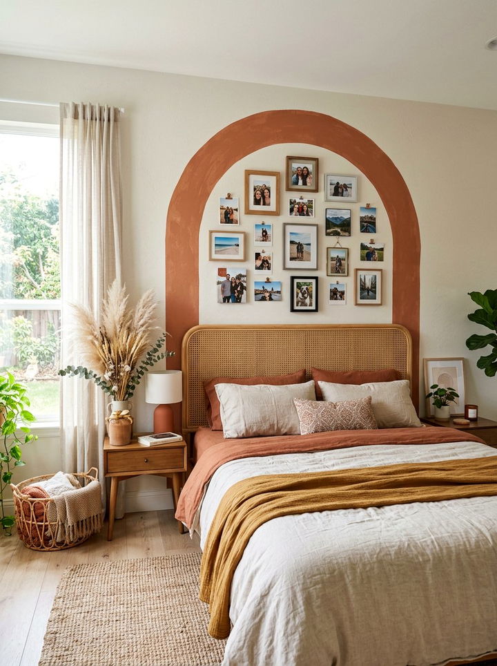 Arch wall decal photo frame - 30 bedroom memory wall ideas