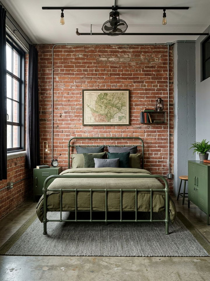 Army green industrial style - 30 minimalist green bedroom ideas