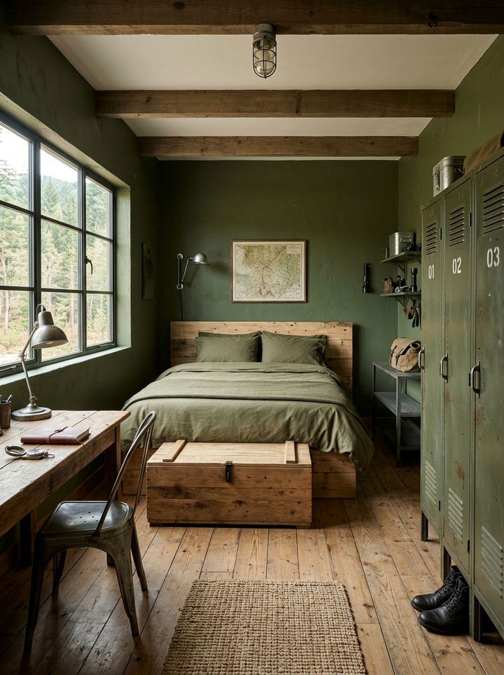 Army green utility rustic bedroom - 30 rustic green bedroom ideas