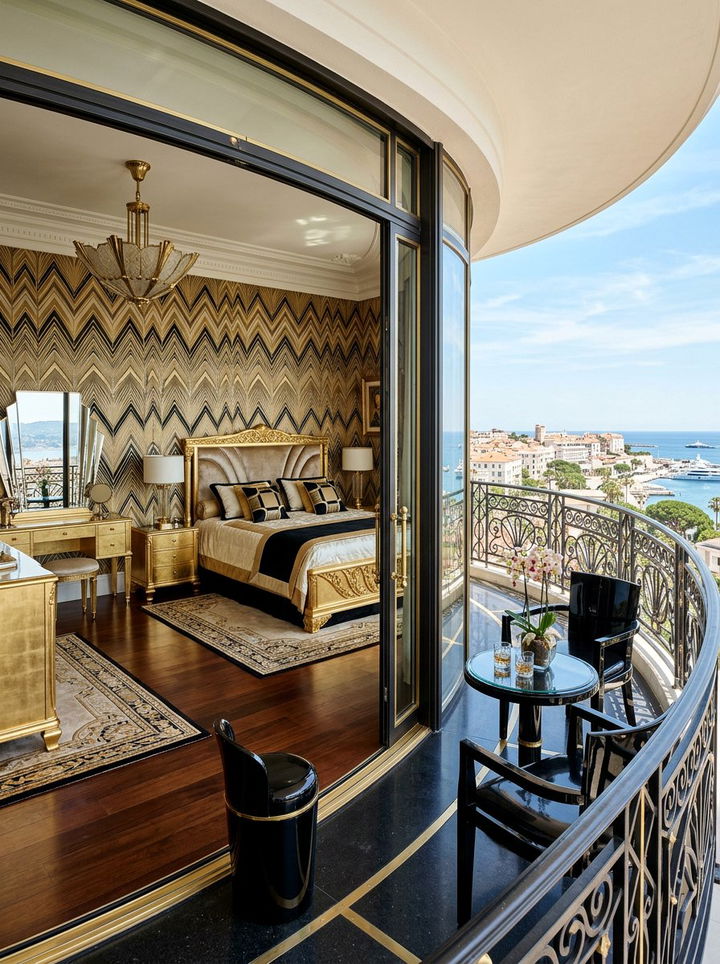 Art Deco Bedroom With Curved Balcony - 30 bedroom with terrace ideas