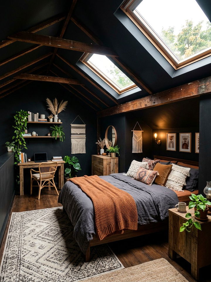 Attic Loft Black Boho Bedroom - 30 bohemian black bedroom ideas