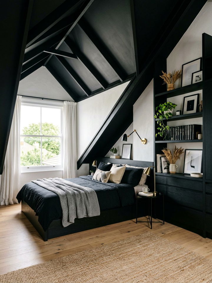 Attic bedroom black sloped ceiling furniture - 30 bedroom black furniture ideas
