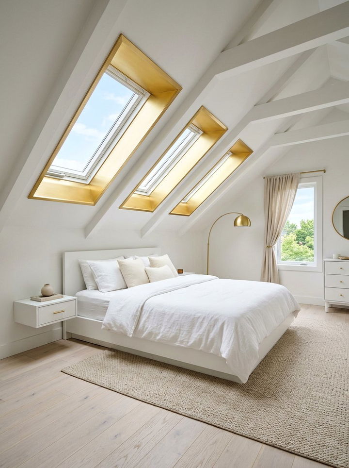 Attic white bedroom with gold skylight trim - 30 gold and white bedroom ideas
