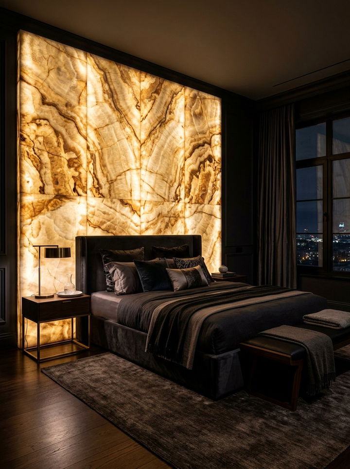 Backlit Stone Feature - 30 bedroom stone wall ideas