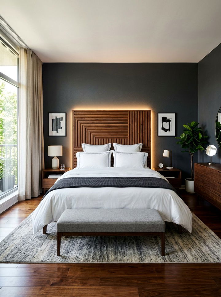 Backlit Wooden Headboard - 30 amber bedroom ideas