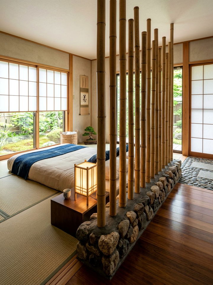 Bamboo poles partition - 30 bedroom divider ideas