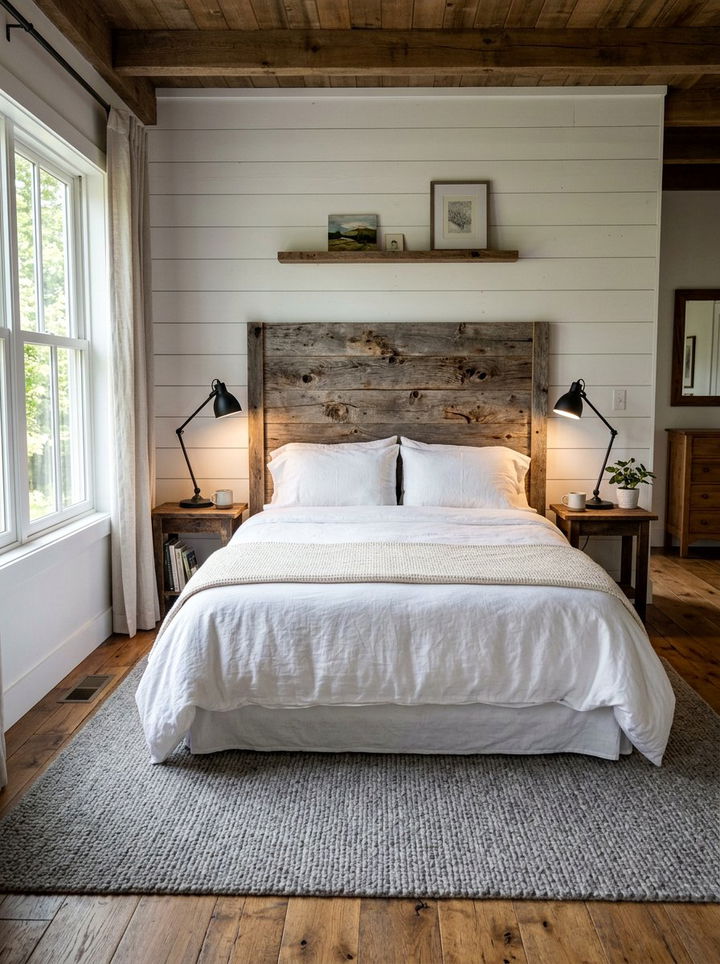 Barn wood headboard - 30 rustic white bedroom ideas
