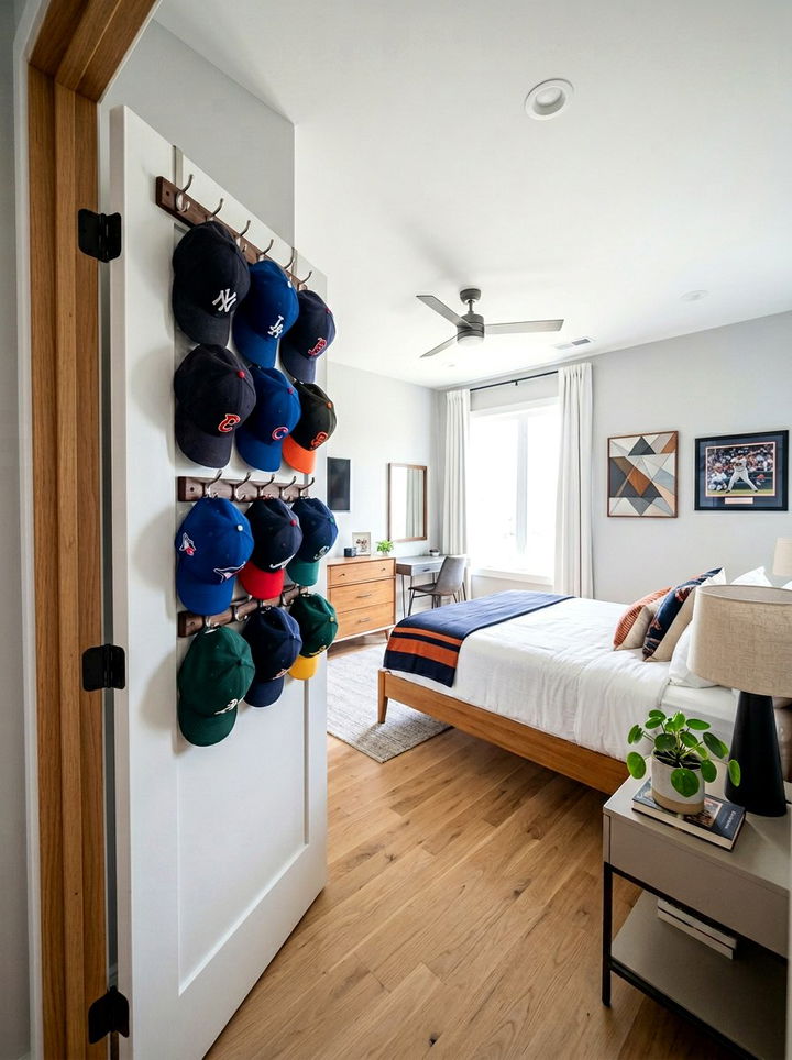 Baseball cap hook rail - 30 bedroom hat storage ideas