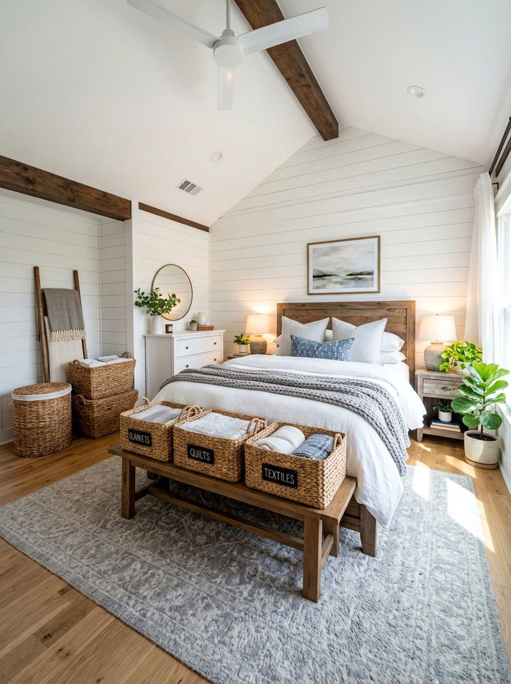 Basket storage organization - 30 cheap bedroom ideas