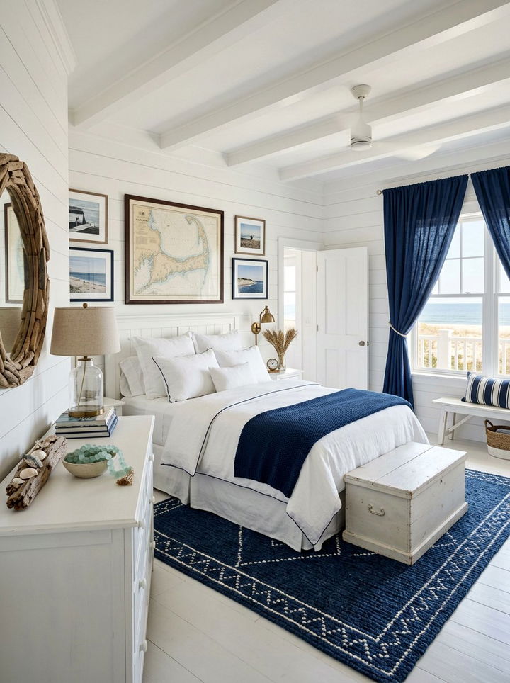 Beach House Navy White - 30 coastal blue bedroom ideas