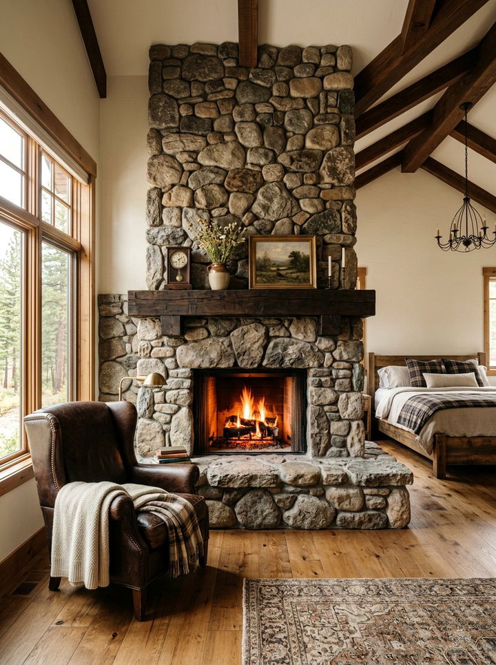 Bedroom Stone Fireplace - 30 cabin bedroom ideas