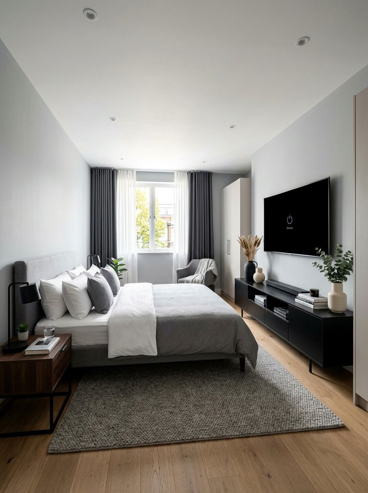 Bedroom With Media Console Opposite Bed - 30 bedroom furniture placement