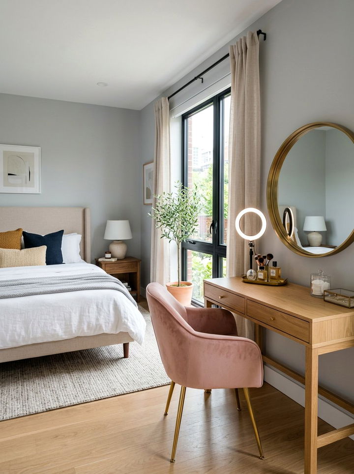 Bedroom layout with vanity table and mirror - 30 bedroom floor plan ideas