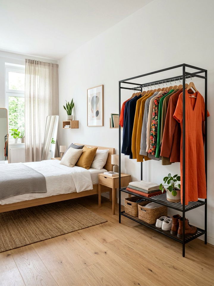 Bedroom with clothes rack storage - 30 apartment bedroom ideas