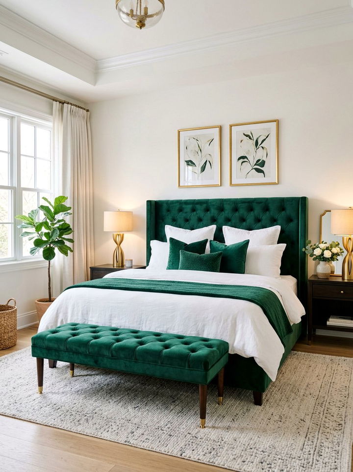 Bedroom with emerald green velvet - 30 apartment bedroom ideas