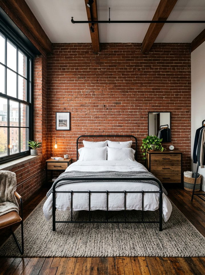 Bedroom with exposed brick wall - 30 apartment bedroom ideas