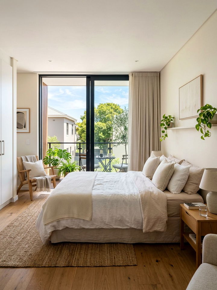 Bedroom with sliding glass door - 30 apartment bedroom ideas