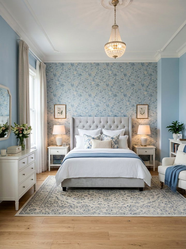 Bedroom with wallpaper accent wall - 30 apartment bedroom ideas