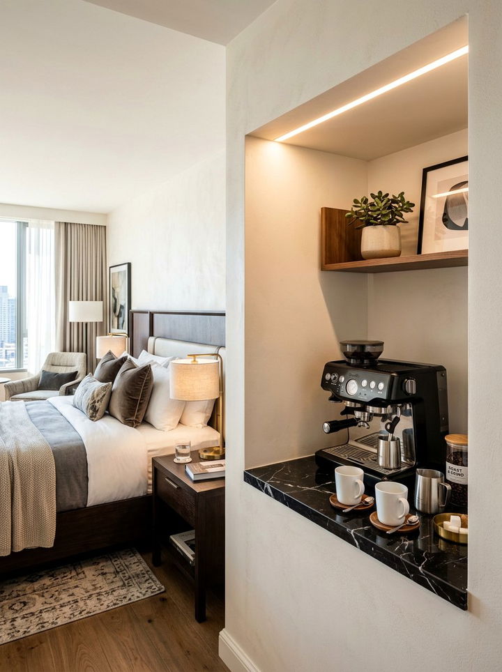 Bedside Coffee Station - 30 bedroom niche ideas
