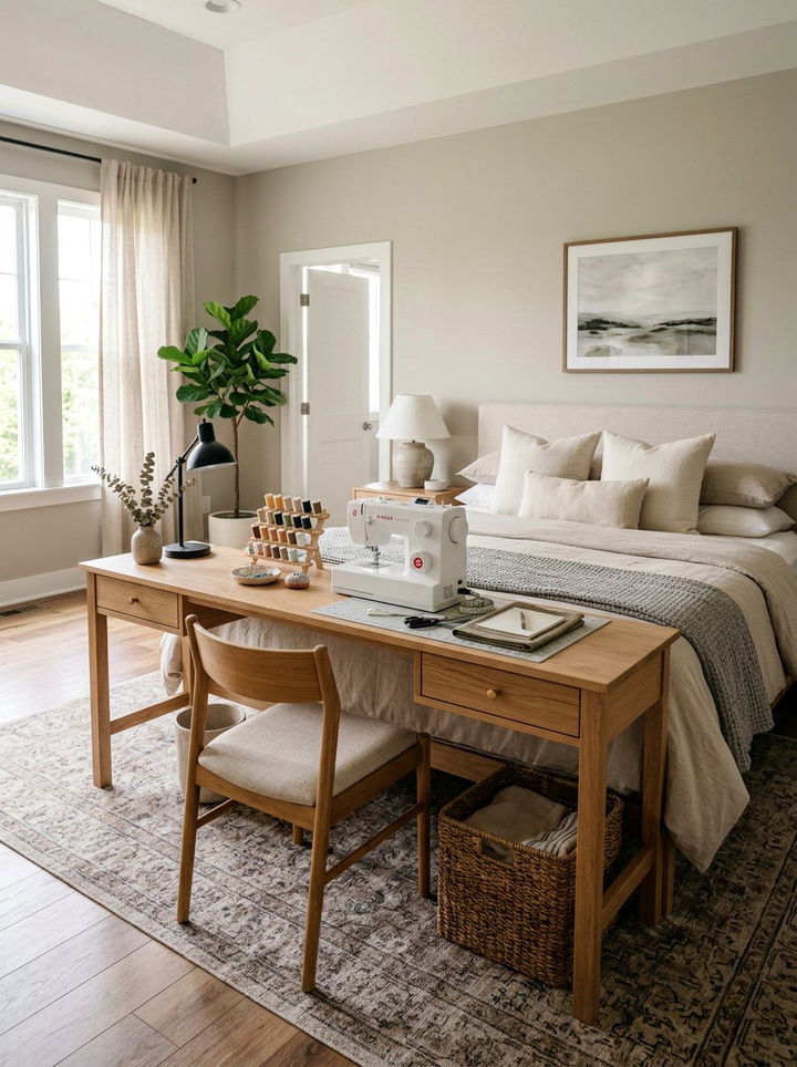 Behind Bed Console Sewing - 30 bedroom sewing nook ideas