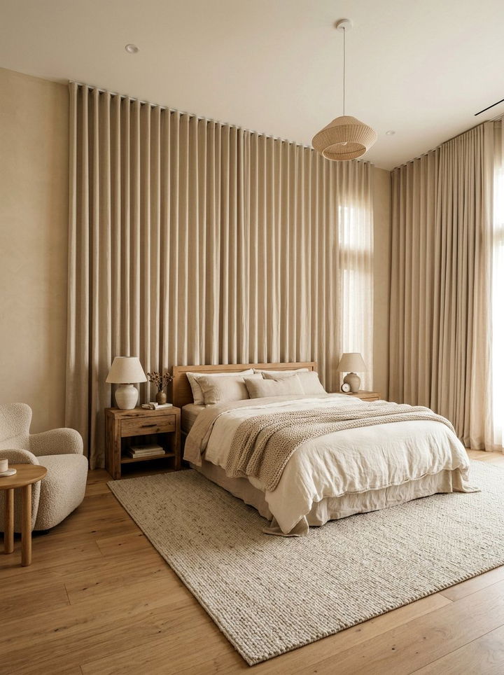 Beige Bedroom With Floor To Ceiling Curtains - 30 contemporary beige bedroom ideas
