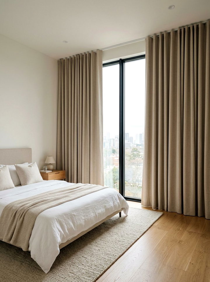Beige Blackout Curtains - 30 soft minimalist bedroom ideas