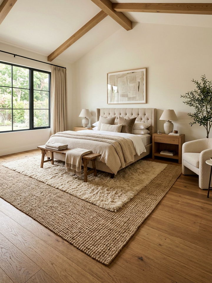 Beige Layered Rugs Bedroom - 30 warm beige bedroom ideas