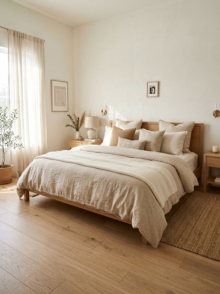 Beige Linen Bedding - 30 warm toned bedroom ideas