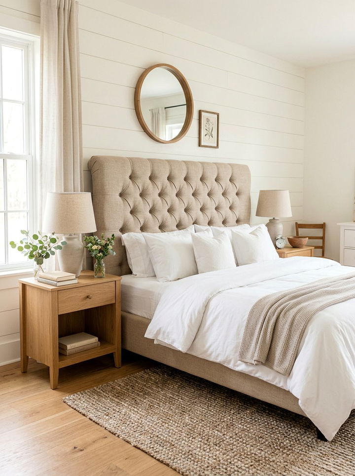 Beige Linen Button Tufted Headboard - 30 bedroom upholstered headboards