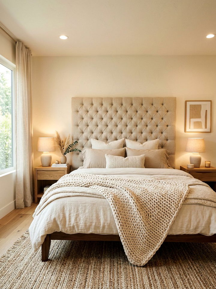 Beige Oversized Tufted Headboard - 30 bedroom tufted headboards
