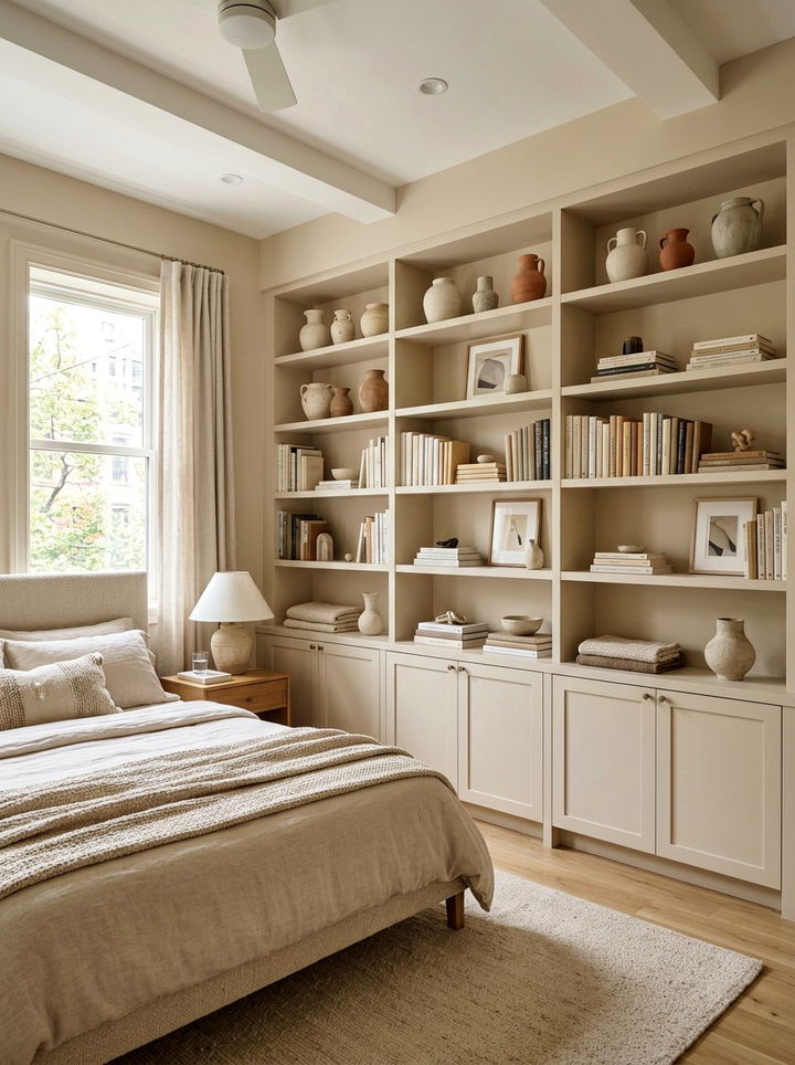 Beige bedroom shelving - 30 modern beige bedroom ideas