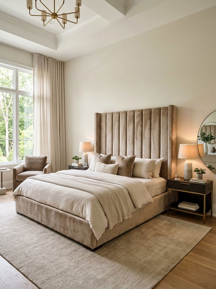 Beige bedroom velvet headboard - 30 modern beige bedroom ideas