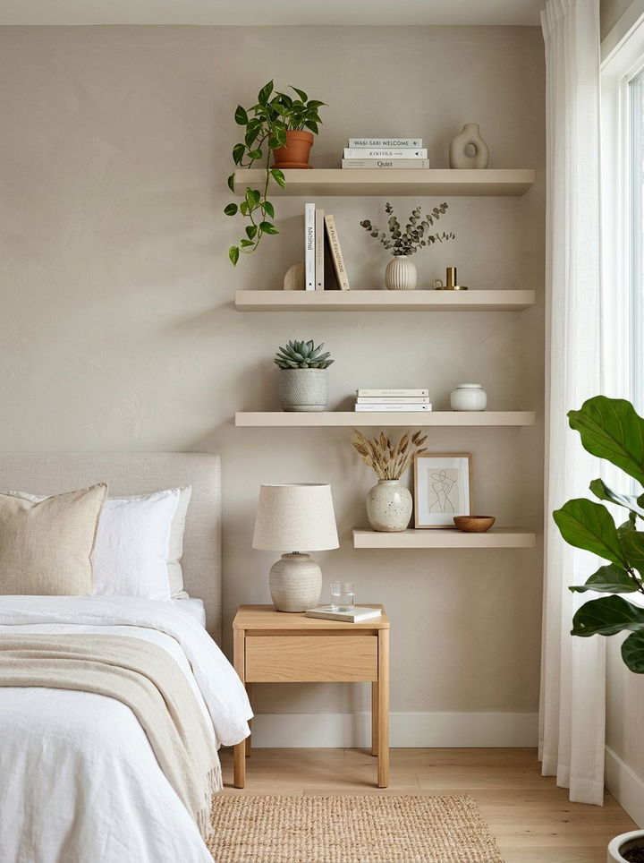 Beige floating shelves - 30 beige bedroom furniture ideas