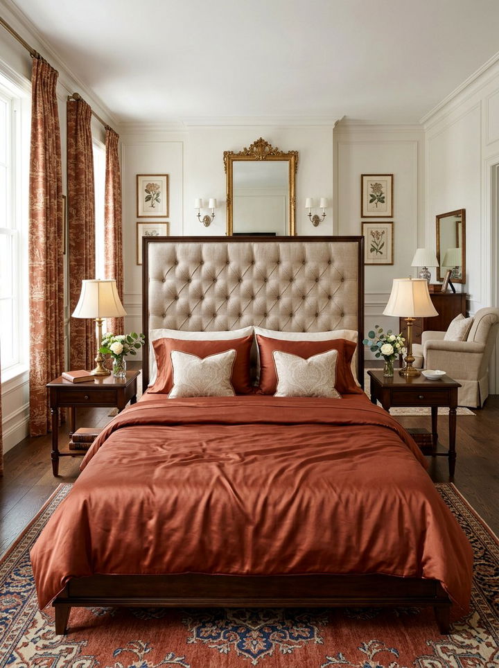Beige tufted fabric headboard - 30 rust and beige bedroom ideas