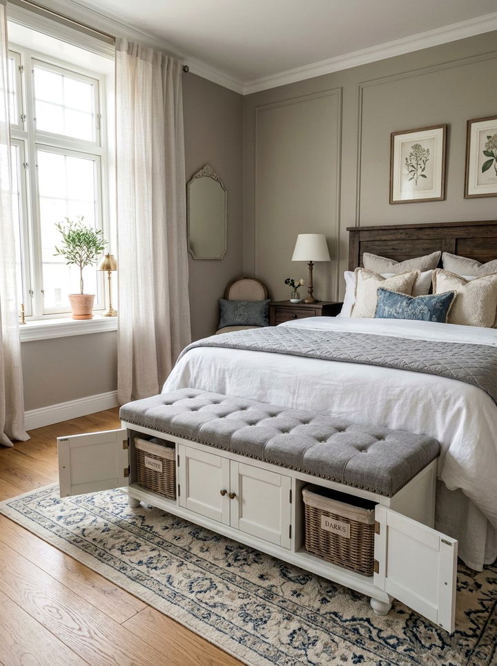 Bench with laundry storage - 30 bedroom dirty clothes storage ideas