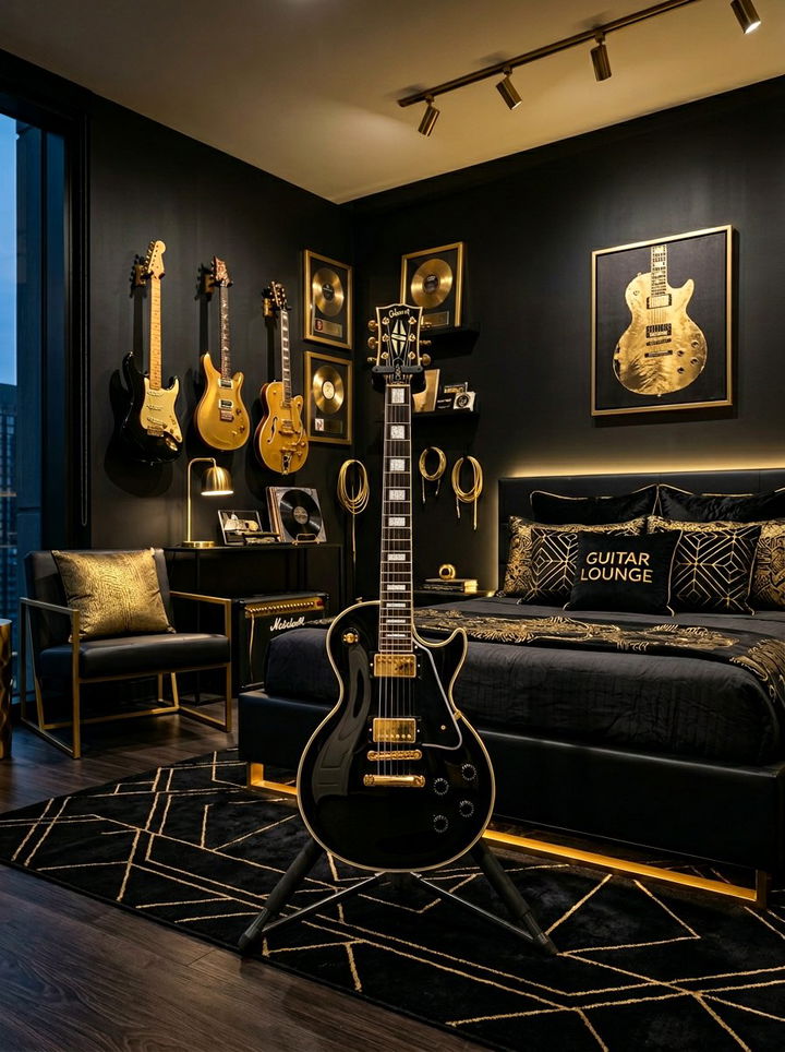 Black And Gold Guitar Room - 30 guitar bedroom ideas