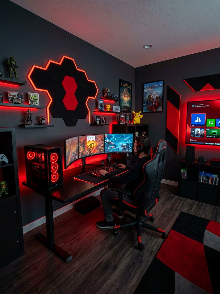 Black And Red Gaming Room - 30 gamer setup bedroom ideas
