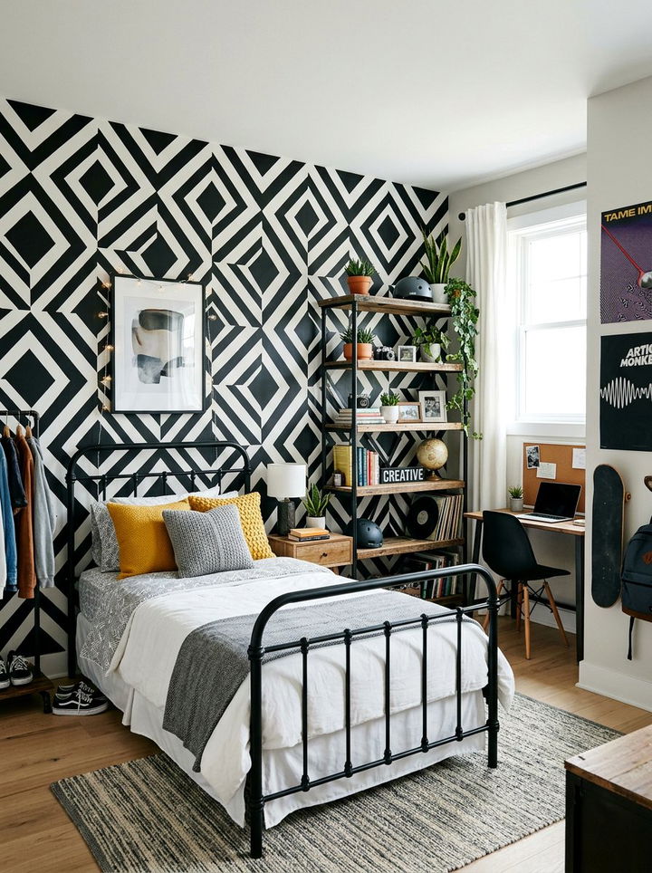 Black And White Geometric Wall - 30 bedroom geometric wall designs