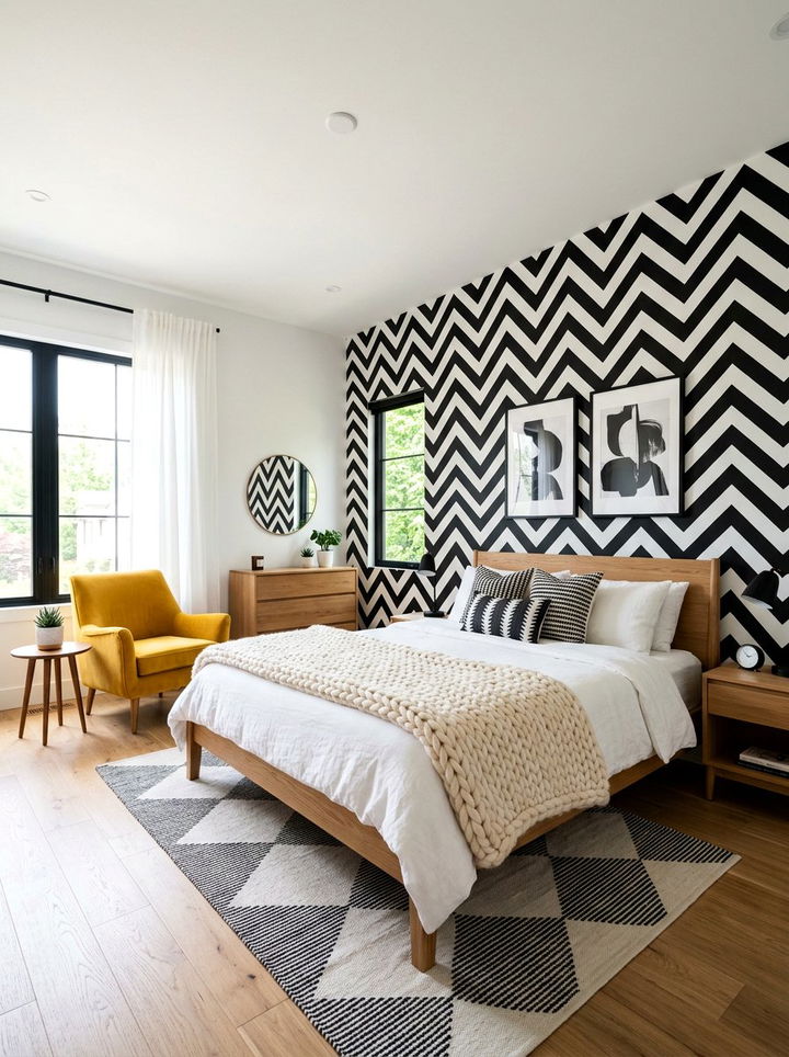 Black And White Graphic Bedroom - 30 bedroom bold wallpapers