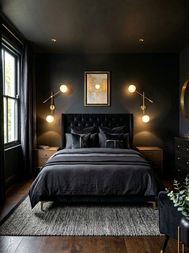 Black Bedroom With Brass Lighting - 30 dark black bedroom ideas