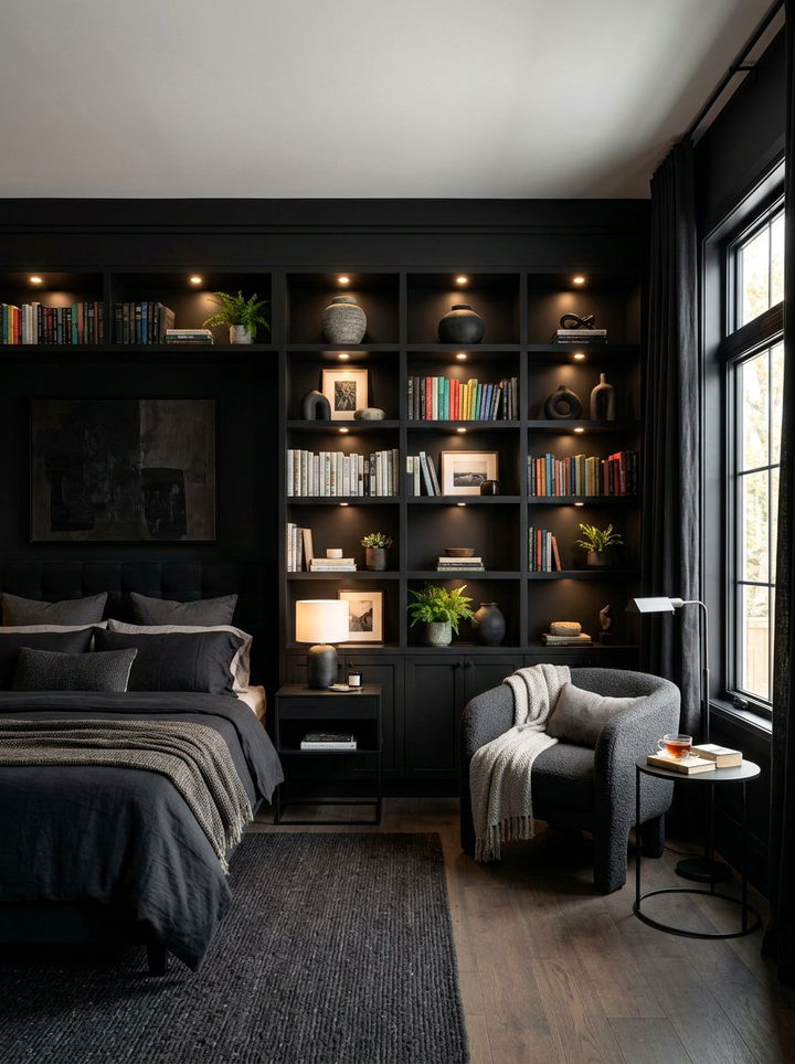 Black Bedroom With Built In Shelves - 30 all black bedroom ideas