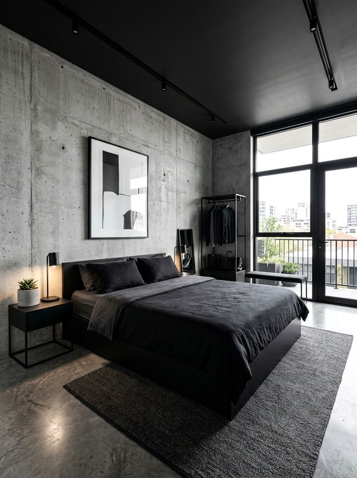 Black Bedroom With Concrete Walls - 30 dark black bedroom ideas